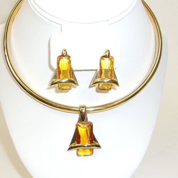 Premier Designs Regency Atomic MCM Style Citrine Look Gold Necklace & Earrings - Picture 1 of 2
